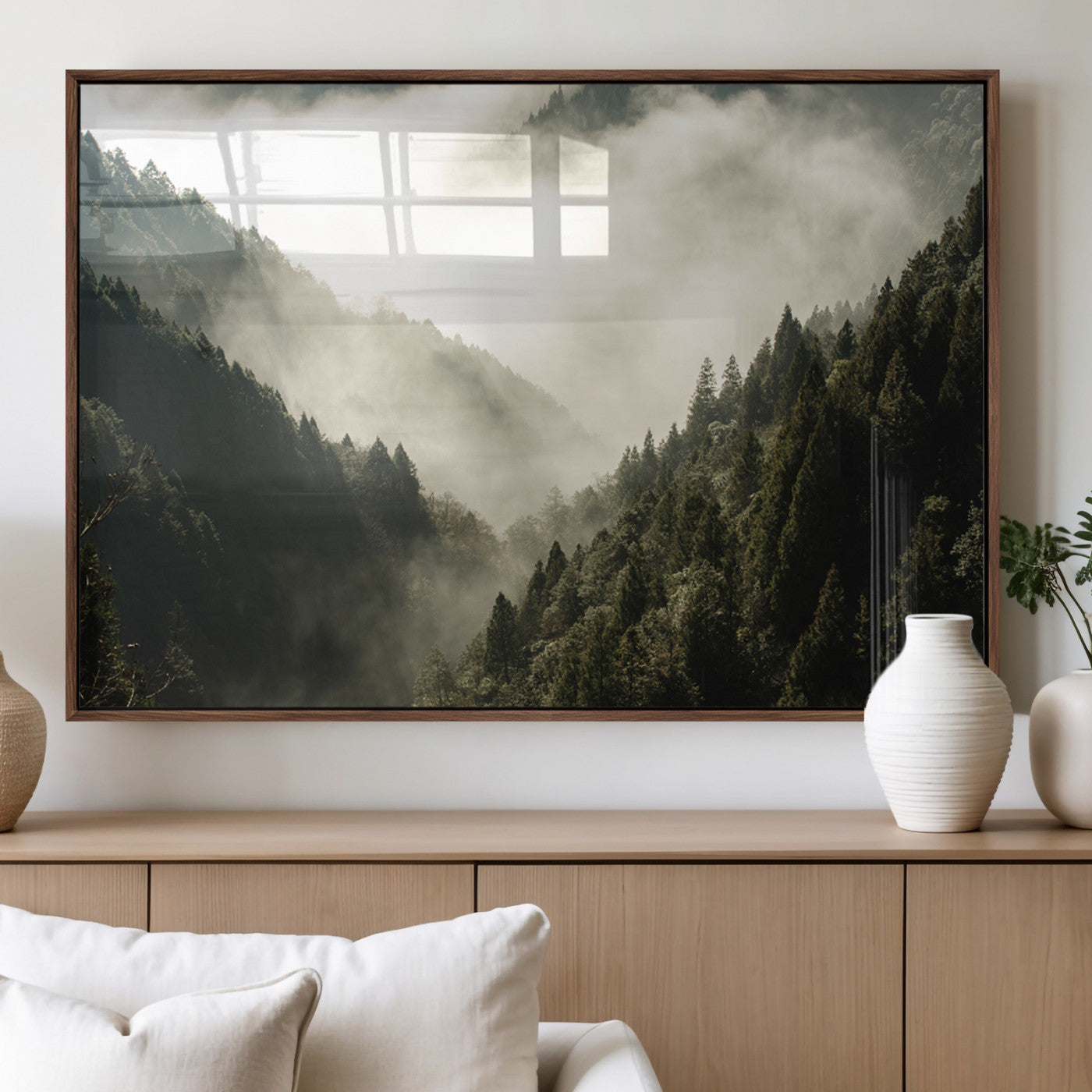 57570237-MGV-FP-36X24-3P_Walnut-Misty Valley Wall Art Canvas Print, Framed Foggy Forest Art Picture Print, Pine Trees Perfect Moody Woodland Decor Artwork