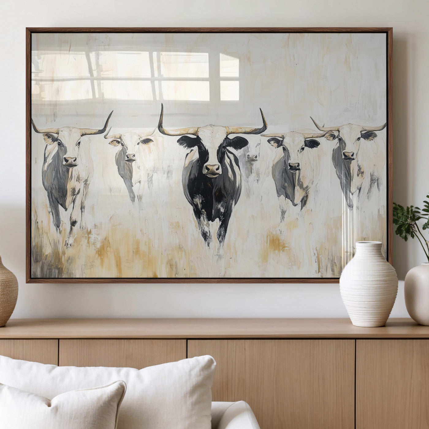 40397799-MGV-FP-36X24-3P_Walnut-Texas Longhorn Wall Art Canvas Print, Framed Rustic Herd Art Picture Print, Western Bull Perfect Neutral Western Decor Artwork