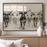 61538944-MGV-FP-36X24-3P_Walnut-Texas Longhorn Wall Art Canvas Print, Framed Cattles Walking Art Picture Print, Black White Bulls Perfect Rustic Western Decor