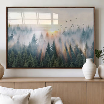 92718976-MGV-FP-36X24-3P_Walnut-Misty Forest Wall Art Canvas Print, Framed Sunrise Pines Art Picture Print, Foggy Woodland Perfect Moody Woodland Decor Artwork
