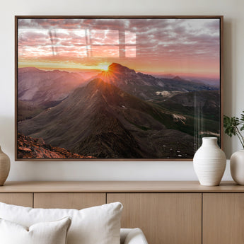 50957419-MGV-FP-36X24-3P_Walnut-Mountain Sunrise Wall Art Canvas Print, Framed Alpine Ridge Art Picture Print, Mountain Range Perfect Vibrant Rustic Decor Artwork