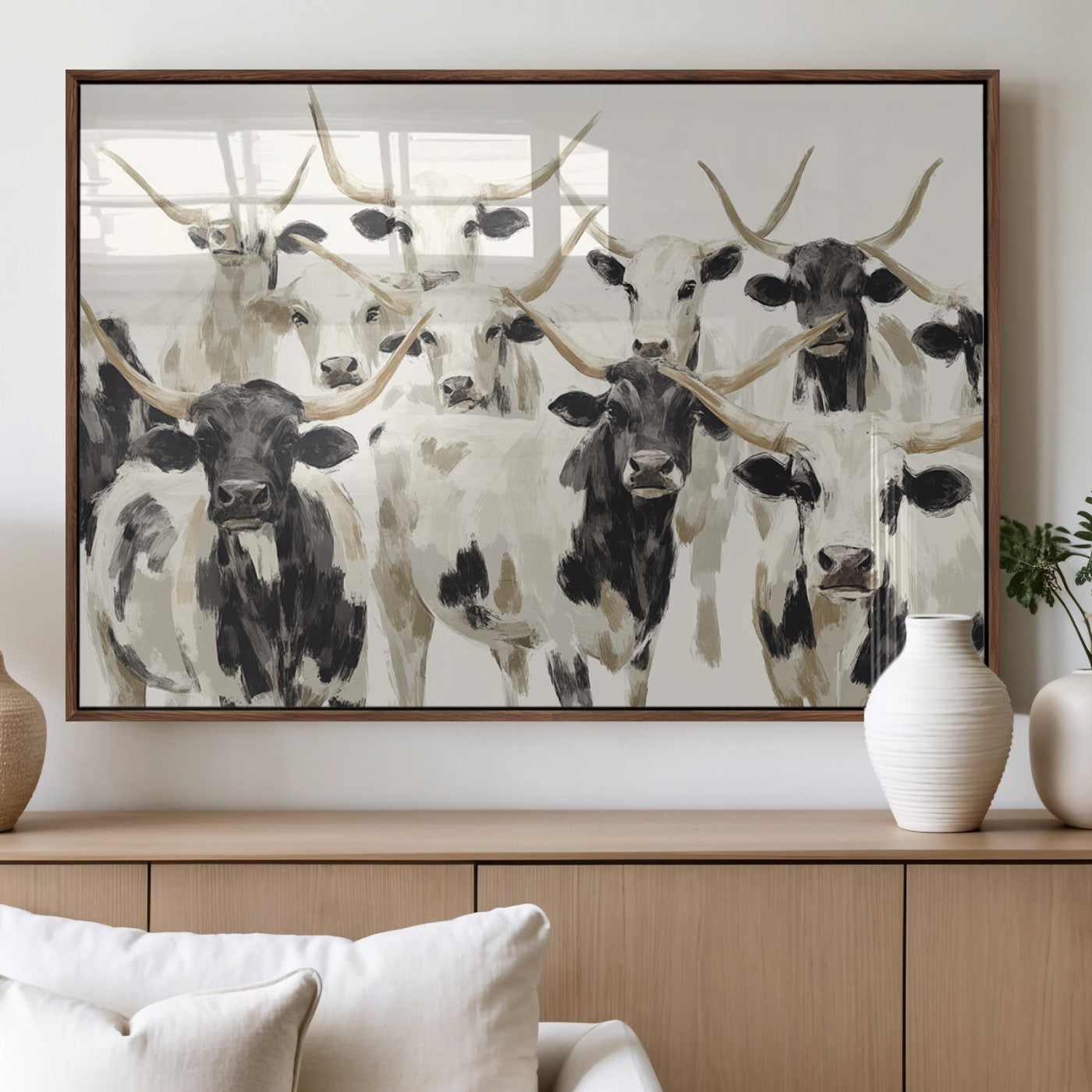 52947970-MGV-FP-60X30-3P_Walnut-Texas Longhorn Wall Art Canvas Print, Framed Cattle Herd Art Picture Print, Herd Portrait Perfect Modern Farmhouse Decor Artwork