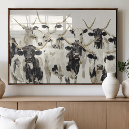 52947970-MGV-FP-60X30-3P_Walnut-Texas Longhorn Wall Art Canvas Print, Framed Cattle Herd Art Picture Print, Herd Portrait Perfect Modern Farmhouse Decor Artwork