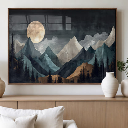 11060882-MGV-FP-60X30-3P_Walnut-Moonlit Mountains Wall Art Canvas Print, Framed Forest Silhouette Art Picture Print, Night Landscape Perfect Modern Forest Decor