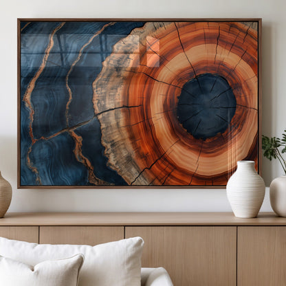 41123192-MGV-FP-36X24-3P_Walnut-Tree Ring Canvas Wall Art – Abstract Blue Orange Wood Grain Print, Rustic Modern Nature Artwork for Living Room, Bedroom, Office