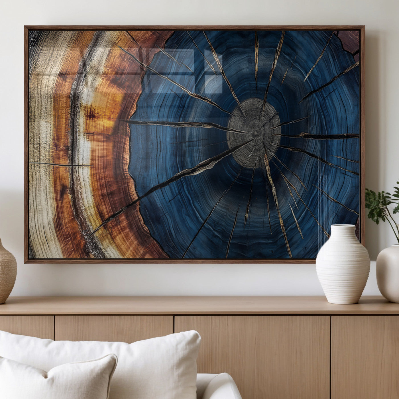 60099360-MGV-FP-36X24-3P_Walnut-Blue Tree Ring Wall Art – Rustic Wood Grain Canvas Print, Modern Abstract Artwork with Natural Texture for Living Room, Bedroom,