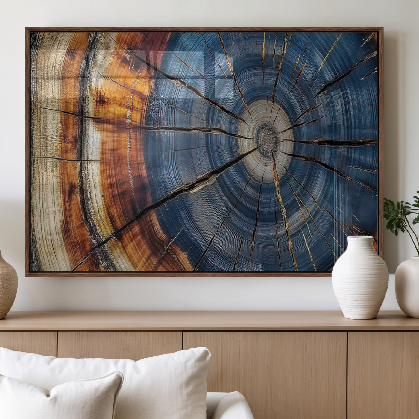 82059233-MGV-FP-60X30-3P_Walnut-Rustic Tree Ring Wall Art – Natural Wood Texture Canvas Print, Framed Abstract Tree Stump for Farmhouse, Log Cabin, Wooden House