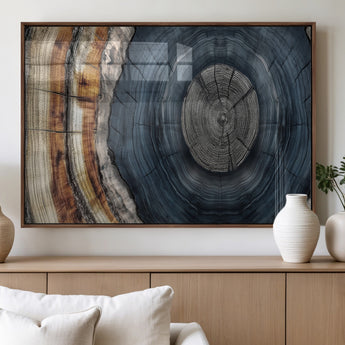 91368647-MGV-FP-36X24-3P_Walnut-Smoky Blue Tree Ring Wall Art – Rustic Wood Cross Section Canvas Print, Modern Nature Inspired Decor for Living Room, Office, or
