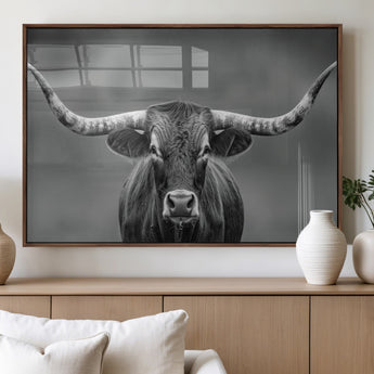 81228550-MGV-FP-36X24-3P_Walnut-Framed Texas Longhorn Bull Art Canvas Print, Western Bull Wall Art Print, Long Horn Bull Photo Print for Log Cabin, Large Bull
