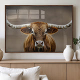 12179171-MGV-FP-60X30-3P_Walnut-Texas Longhorn Wall Art Canvas Print, Framed Brown Bull Art Picture Print, Lone Cattle Perfect Rustic Western Decor Artwork