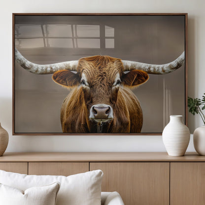 12179171-MGV-FP-36X24-3P_Walnut-Texas Longhorn Wall Art Canvas Print, Framed Brown Bull Art Picture Print, Lone Cattle Perfect Rustic Western Decor Artwork
