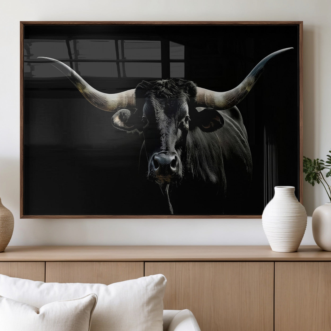 37531960-MGV-FP-36X24-3P_Walnut-Black Longhorn Bull Wall Art – Dramatic Western Cattle Canvas Print, Rustic Farmhouse Animal Artwork for Living Room, Bedroom,