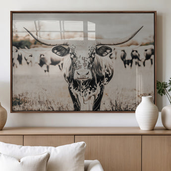 27497342-MGV-FP-60X30-3P_Walnut-Texas Longhorn Wall Art Canvas Print, Framed Speckled Cow Art Picture Print, Horned Cattle Perfect Rustic Western Decor Artwork
