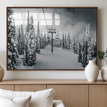 31156828-MGV-FP-36X24-3P_Walnut-Snowy Pines Wall Art Canvas Print, Framed Ski Lift Art Picture Print, Winter Forest Perfect Moody Lodge Decor Artwork