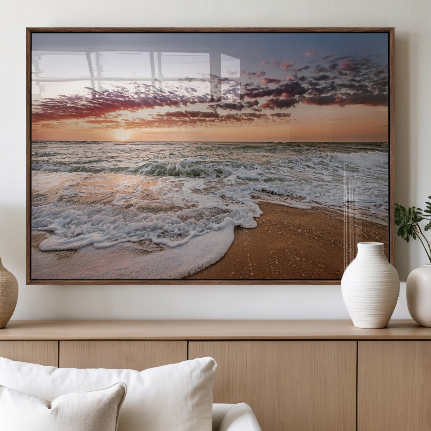 39846389-MGV-FP-60X30-3P_Walnut-Ocean Sunset Wall Art Canvas Print, Framed Sandy Shore Art Picture Print, Gentle Waves Perfect Minimalist Coastal Decor Artwork
