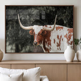 54027638-MGV-FP-36X24-3P_Walnut-Texas Longhorn Wall Art Canvas Print, Framed Spotted Cow Art Picture Print, Horned Bull Perfect Rustic Western Decor Artwork