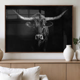 42077175-MGV-FP-36X24-3P_Walnut-Texas Longhorn Wall Art Canvas Print, Framed Monochrome Bull Art Picture Print, Horned Bull Perfect Rustic Western Decor Artwork