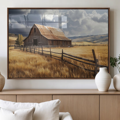38758826-MGV-FP-36X24-3P_Walnut-Rustic Barn Wall Art Canvas Print, Framed Moody Barn Art Picture Print, Golden Field Perfect Rustic Farmhouse Decor Artwork