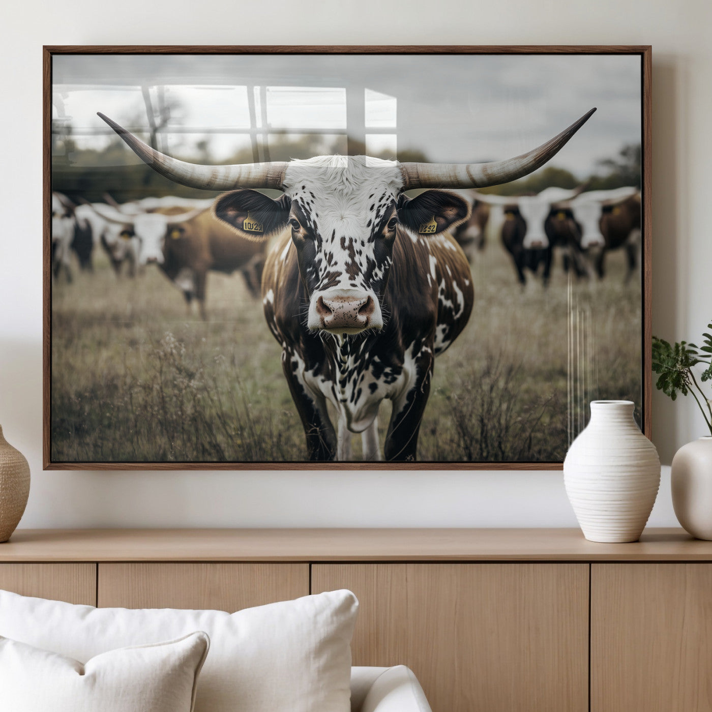 79025945-MGV-FP-36X24-3P_Walnut-Texas Longhorn Wall Art Canvas Print, Framed Speckled Cow Art Picture Print, Horned Cattle Perfect Rustic Western Decor Artwork