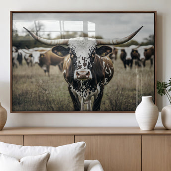 79025945-MGV-FP-36X24-3P_Walnut-Texas Longhorn Wall Art Canvas Print, Framed Speckled Cow Art Picture Print, Horned Cattle Perfect Rustic Western Decor Artwork