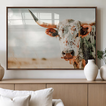 72766375-MGV-FP-36X24-3P_Walnut-Texas Longhorn Wall Art Canvas Print, Framed Spotted Cow Art Picture Print, Horned Cattle Perfect Rustic Western Decor Artwork