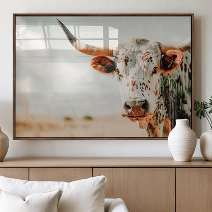 72766375-MGV-FP-36X24-3P_Walnut-Texas Longhorn Wall Art Canvas Print, Framed Spotted Cow Art Picture Print, Horned Cattle Perfect Rustic Western Decor Artwork