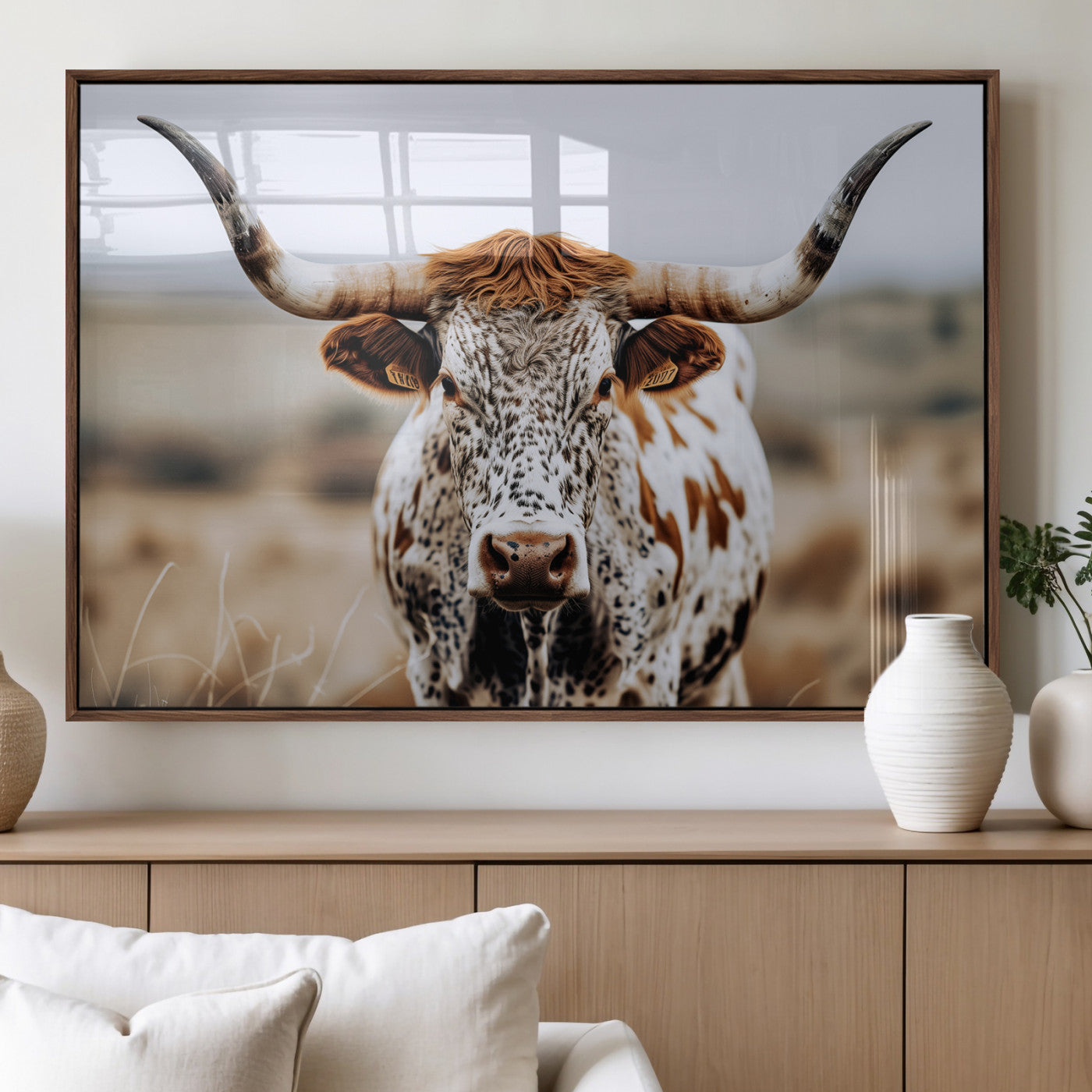 76294381-MGV-FP-36X24-3P_Walnut-Texas Longhorn Wall Art Canvas Print, Framed Spotted Cow Art Picture Print, Horned Cattle Perfect Rustic Western Decor Artwork