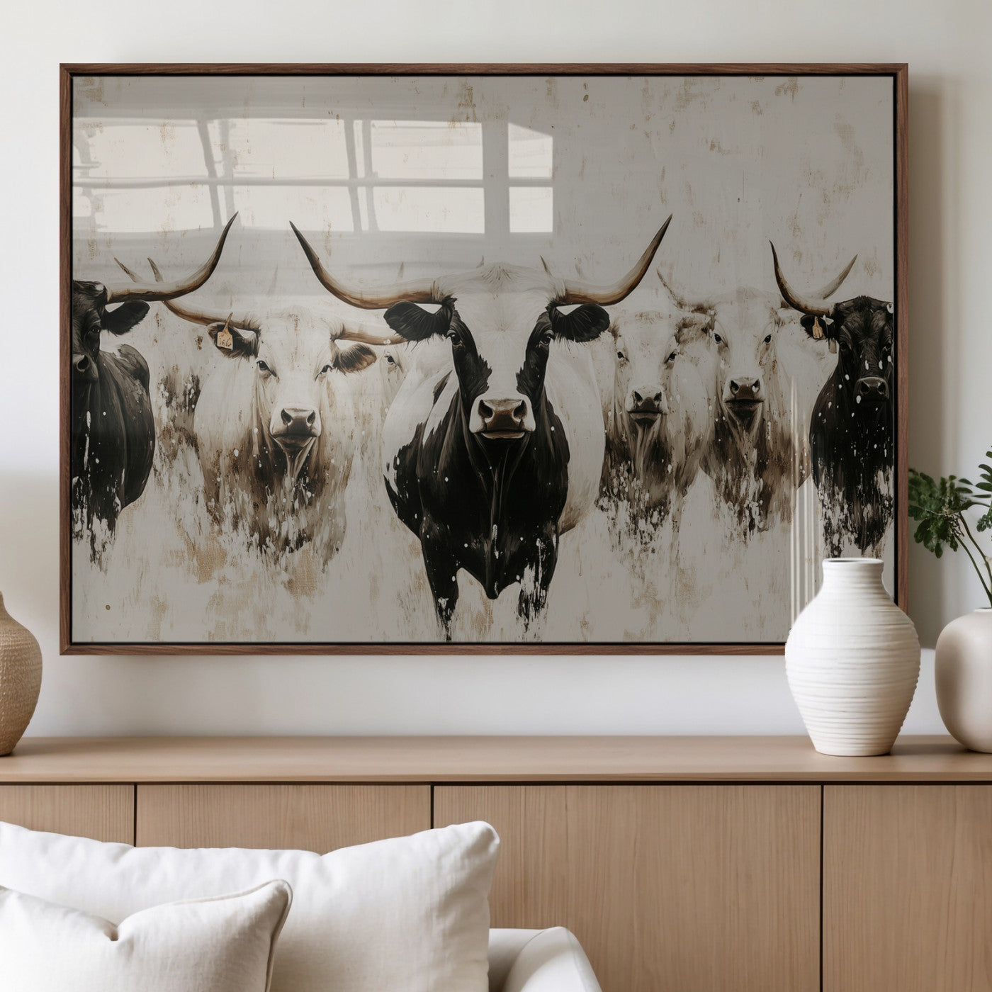 12027562-MGV-FP-36X24-3P_Walnut-Longhorn Cattle Wall Art Canvas Print, Framed Bison Herd Art Picture Print, Cattle Group Perfect Rustic Farmhouse Decor Artwork