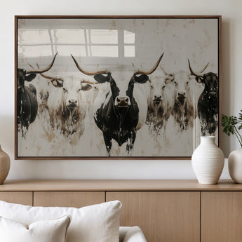 12027562-MGV-FP-36X24-3P_Walnut-Longhorn Cattle Wall Art Canvas Print, Framed Bison Herd Art Picture Print, Cattle Group Perfect Rustic Farmhouse Decor Artwork