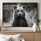 MGV-FP-36X24-3P - Grizzly Bear Wall Art Canvas Print, Framed Black White Bear Art Picture Print, Wild Bear Perfect Rustic Wildlife Decor Artwork