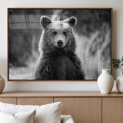 MGV-FP-36X24-3P - Grizzly Bear Wall Art Canvas Print, Framed Black White Bear Art Picture Print, Wild Bear Perfect Rustic Wildlife Decor Artwork