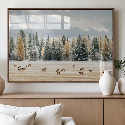 64188182-MGV-FP-36X24-3P_Walnut-Elk Herd Wall Art Canvas Print, Framed Snowy Forest Art Picture Print, Forest Elks Perfect Neutral Rustic Decor Artwork