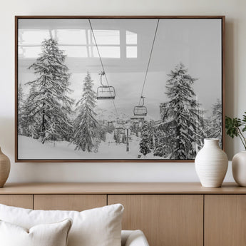 55003599-MGV-FP-36X24-3P_Walnut-Snowy Ski Lift Wall Art Canvas Print, Framed Winter Forest Art Picture Print, Ski lift Ride Perfect Winter Lodge Decor Artwork