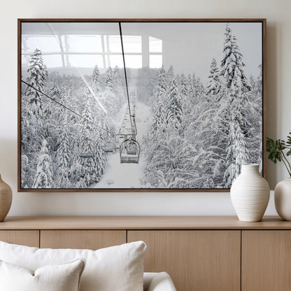 60296839-MGV-FP-36X24-3P_Walnut-Snowy Mountains Wall Art Canvas Print, Framed Ski Lift Art Picture Print, Winter Forest Perfect Winter Minimalist Decor Artwork