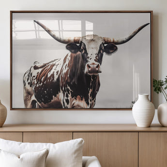95249234-MGV-FP-36X24-3P_Walnut-Texas Longhorn Wall Art Canvas Print, Framed Spotted Bull Art Picture Print, Horned Cattle Perfect Rustic Farmhouse Decor Artwork