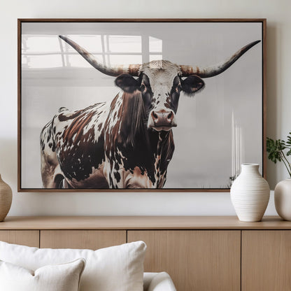 95249234-MGV-FP-36X24-3P_Walnut-Texas Longhorn Wall Art Canvas Print, Framed Spotted Bull Art Picture Print, Horned Cattle Perfect Rustic Farmhouse Decor Artwork