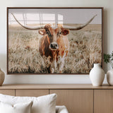 54986862-MGV-FP-60X30-3P_Walnut-Majestic Longhorn Wall Art – Canvas Print of Graceful Strength & Bold Spirit, Wild Plains Beauty Nature Inspired Rustic Decor for