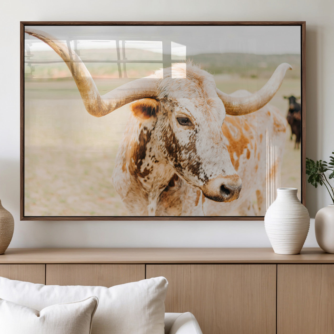 21060648-MGV-FP-60X30-3P_Walnut-Texas Longhorn Wall Art Canvas Print, Framed Speckled Cow Art Picture Print, Rustic Bull Perfect Rustic Western Decor Artwork