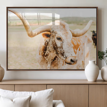 21060648-MGV-FP-36X24-3P_Walnut-Texas Longhorn Wall Art Canvas Print, Framed Speckled Cow Art Picture Print, Rustic Bull Perfect Rustic Western Decor Artwork