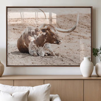 25407592-MGV-FP-60X30-3P_Walnut-Texas Longhorn Wall Art Canvas Print, Framed Resting Bull Art Picture Print, Spotted Cattle Perfect Rustic Western Decor Artwork