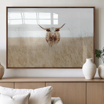 20927060-MGV-FP-60X30-3P_Walnut-Texas Longhorn Wall Art Canvas Print, Framed Lone Cattle Art Picture Print, Longhorn Bull Perfect Rustic Western Decor Artwork