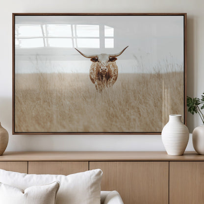 20927060-MGV-FP-36X24-3P_Walnut-Texas Longhorn Wall Art Canvas Print, Framed Lone Cattle Art Picture Print, Longhorn Bull Perfect Rustic Western Decor Artwork