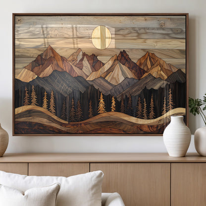 50100230-MGV-FP-36X24-3P_Walnut-Wooden Mountain Wall Art – Rustic Nature Landscape Canvas Print, Handmade Style Sun, Forest, and Peaks Artwork for Living Room,
