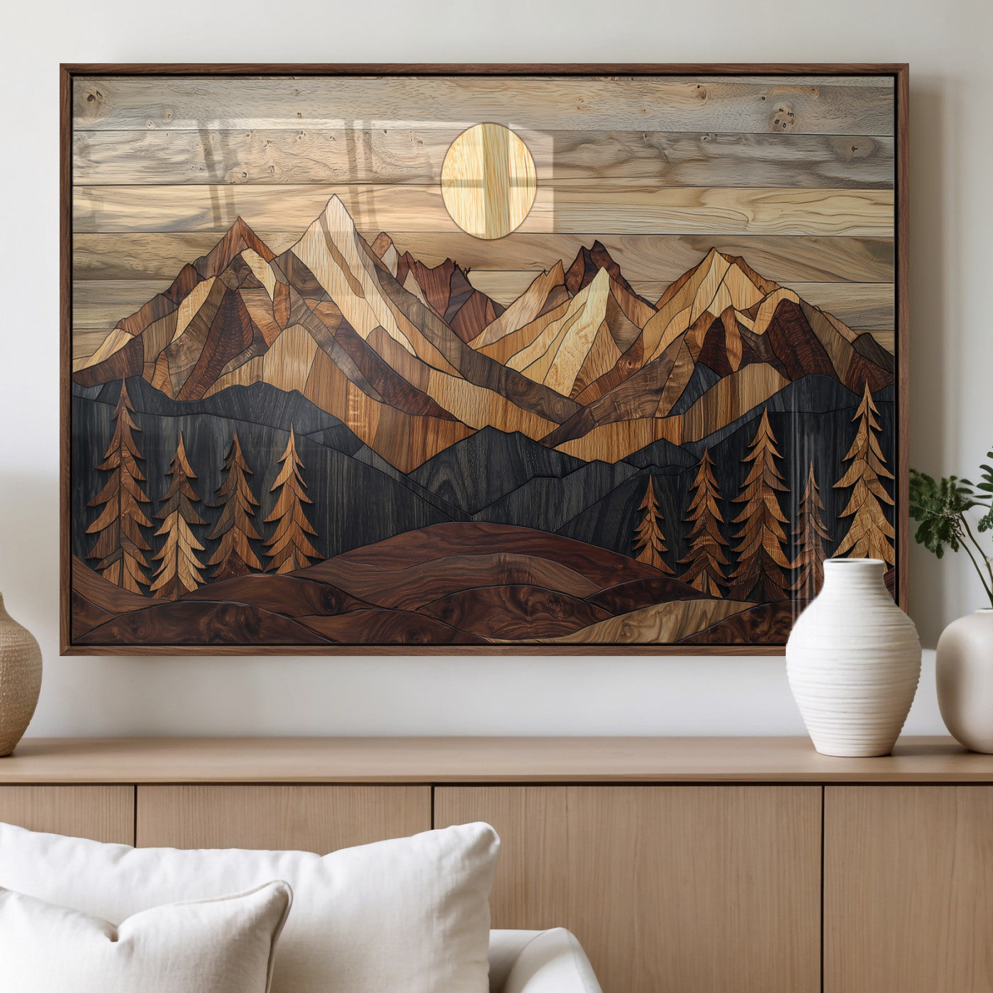 39116082-MGV-FP-60X30-3P_Walnut-Wood Mountain Landscape Wall Art Canvas Print, Framed Sunset Hills Art Picture Print, Abstract Nature Perfect Boho Decor Artwork
