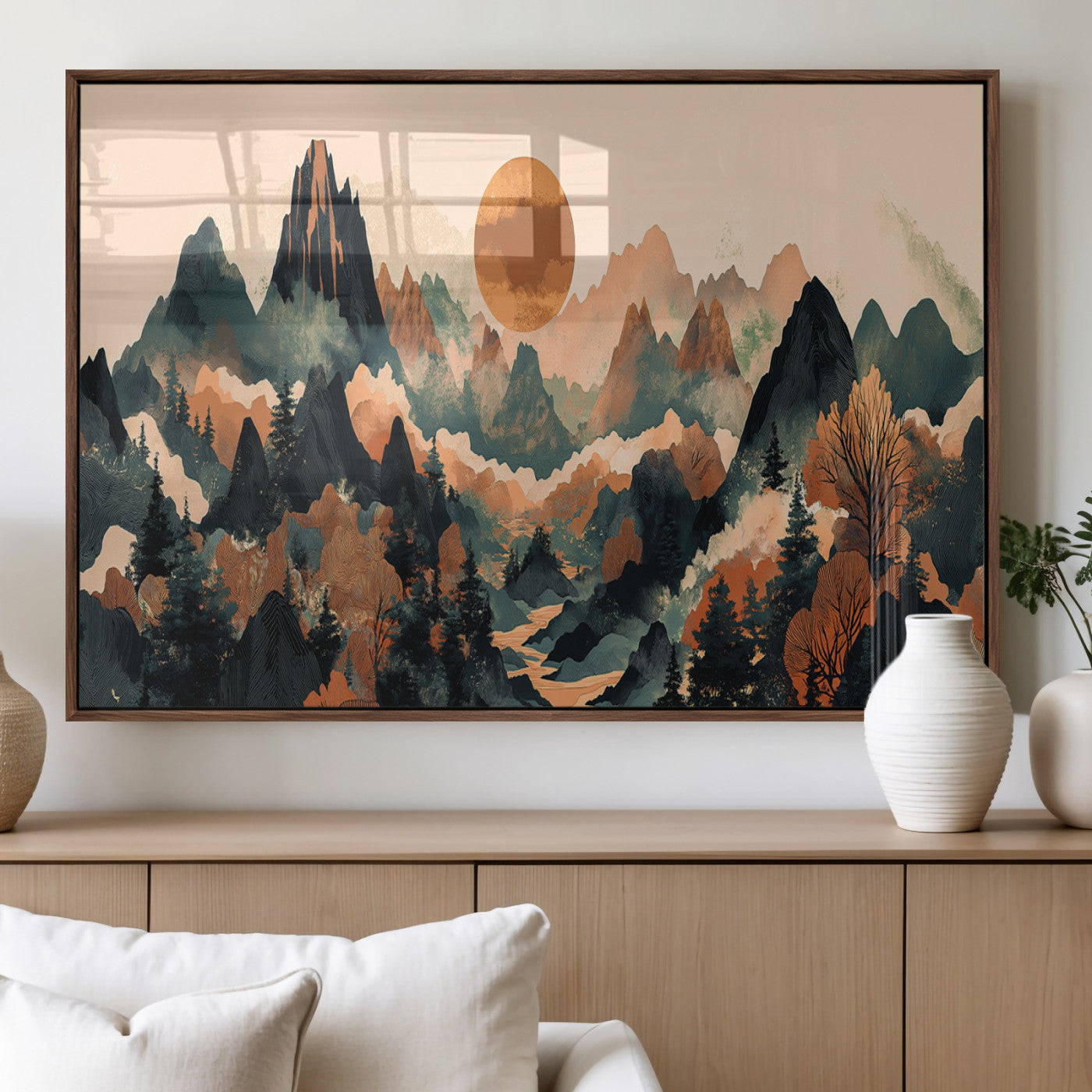 13012770-MGV-FP-36X24-3P_Walnut-Mountain Landscape Wall Art – Modern Nature Canvas Print with Sun, Misty Peaks, and Forest in Orange and Green Tones for Living