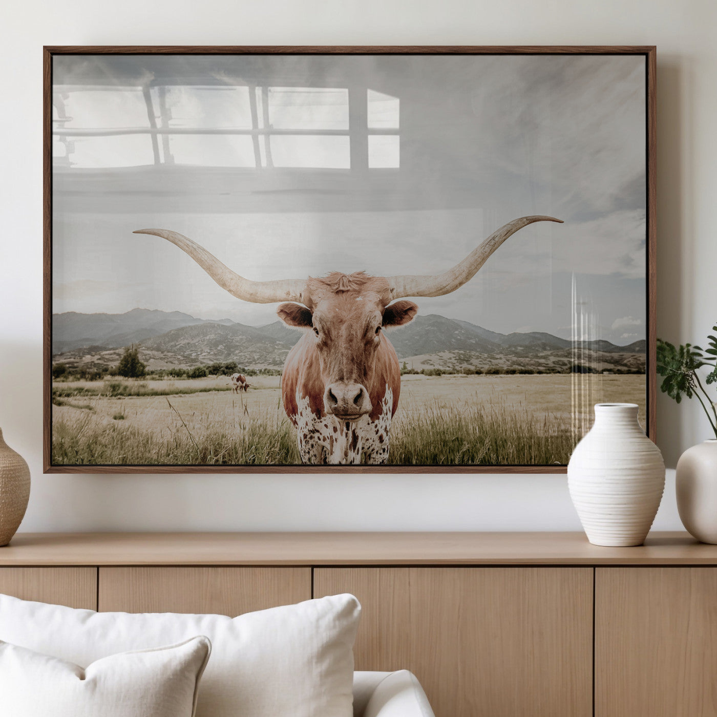 80054319-MGV-FP-36X24-3P_Walnut-Longhorn Wall Art – Rustic Western Canvas Print, Majestic Bull Artwork for Farmhouse, Ranch or Living Room