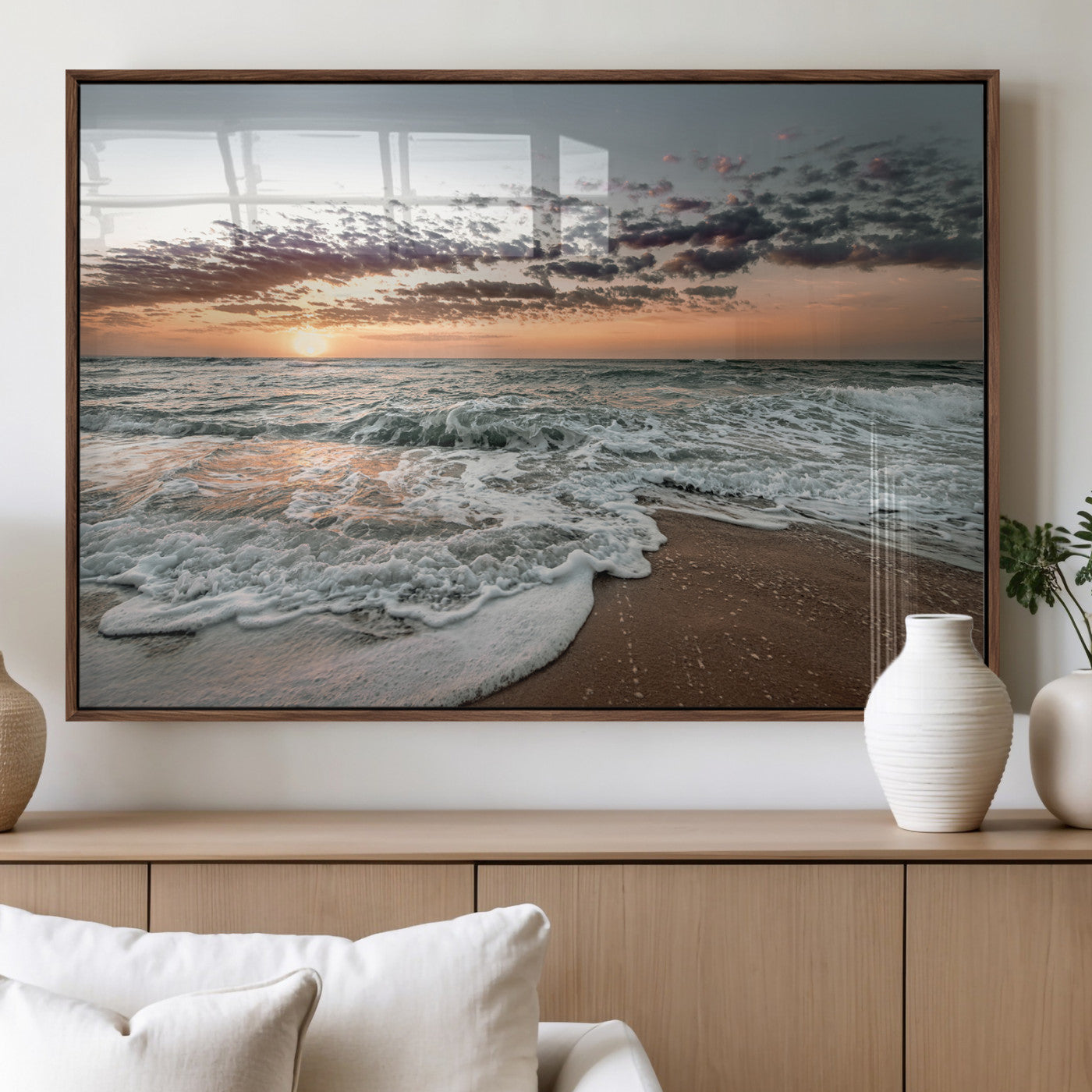 40632752-MGV-FP-60X30-3P_Walnut-Ocean Sunset Wall Art Canvas Print, Framed Beach Waves Art Picture Print, Coastal Scene Perfect Coastal Decor Artwork