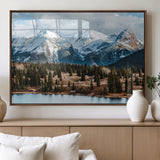 36247746-MGV-FP-60X30-3P_Walnut-Snowy Peaks Wall Art Canvas Print, Framed Alpine Lake Art Picture Print, Pine Forest Perfect Alpine Wilderness Decor Artwork