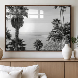89458520-MGV-FP-60X30-3P_Walnut-Palm Trees Wall Art Canvas Print, Framed Coastal View Art Picture Print, Ocean Horizon Perfect Monochrome Coast Decor Artwork