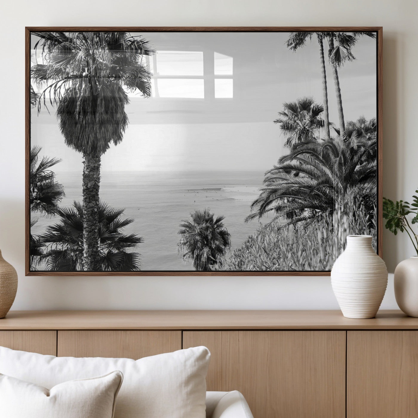 89458520-MGV-FP-36X24-3P_Walnut-Palm Trees Wall Art Canvas Print, Framed Coastal View Art Picture Print, Ocean Horizon Perfect Monochrome Coast Decor Artwork
